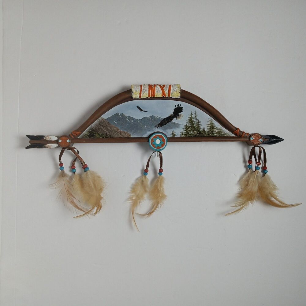 Native American Style Wall Hanging Decor Bow & Arrow Eagles Feathers Mountains